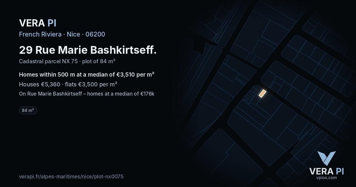 29 Rue Marie Bashkirtseff, Nice at night – the plot lit, the parcels around coloured by the prices near them