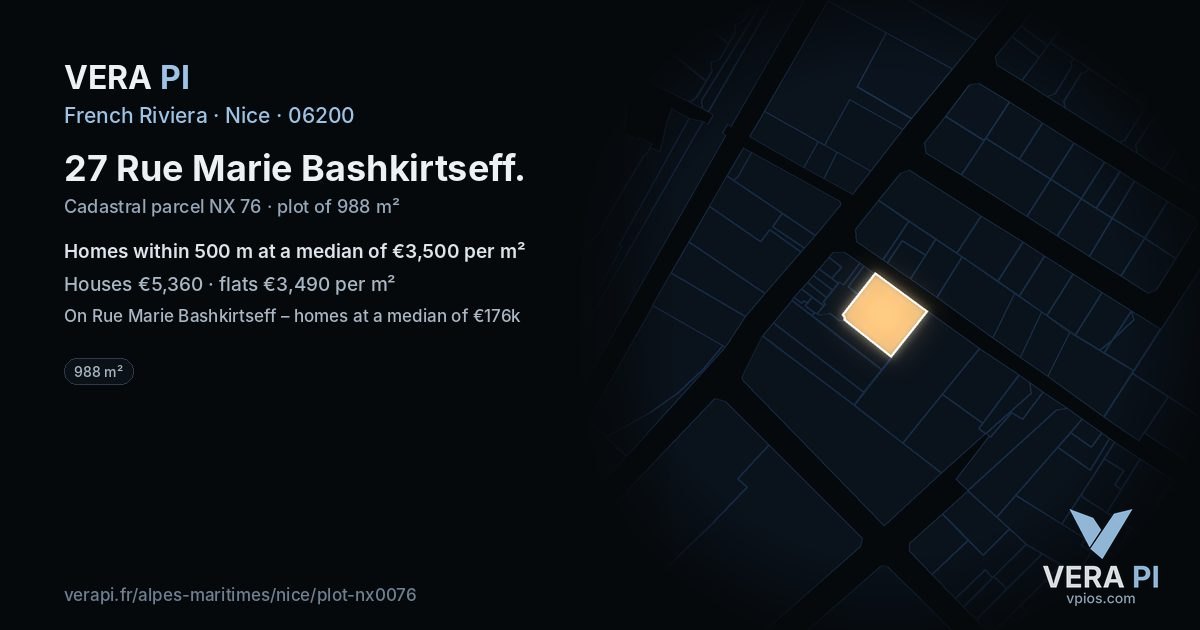 27 Rue Marie Bashkirtseff, Nice at night – the plot lit, the parcels around coloured by the prices near them