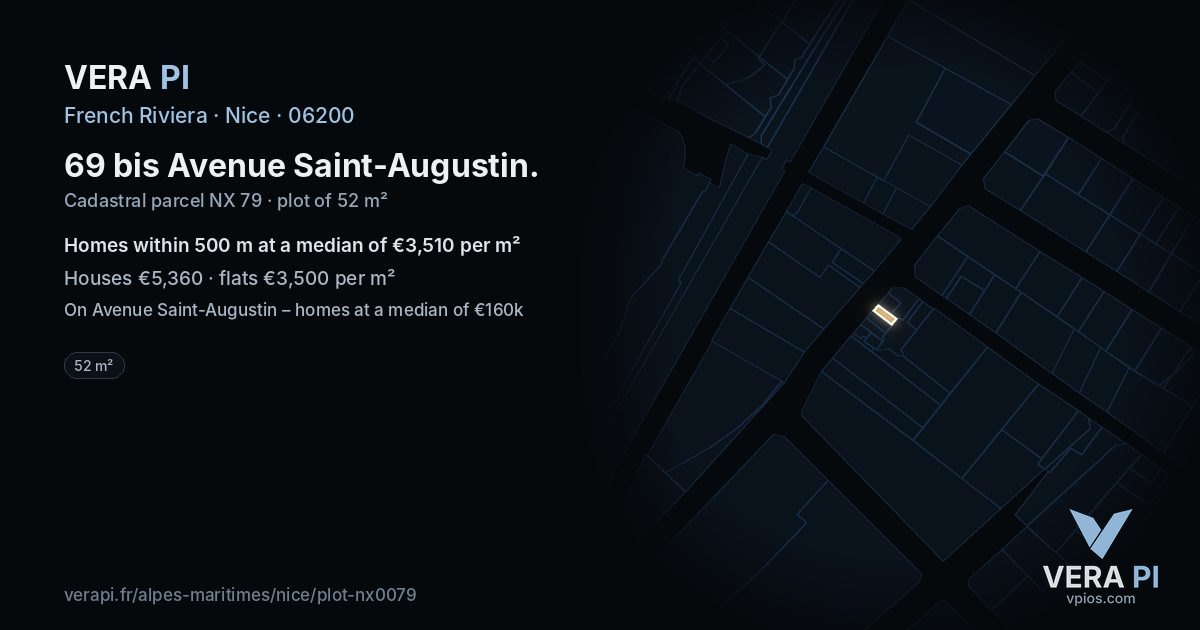 69 bis Avenue Saint-Augustin, Nice at night – the plot lit, the parcels around coloured by the prices near them