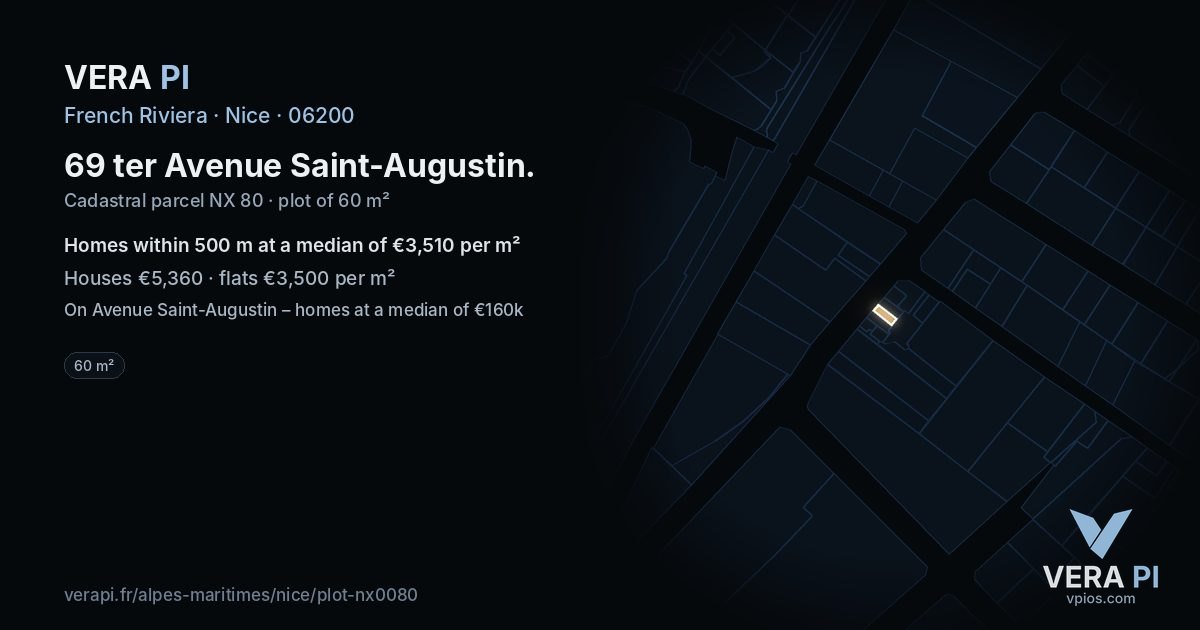 69 ter Avenue Saint-Augustin, Nice at night – the plot lit, the parcels around coloured by the prices near them