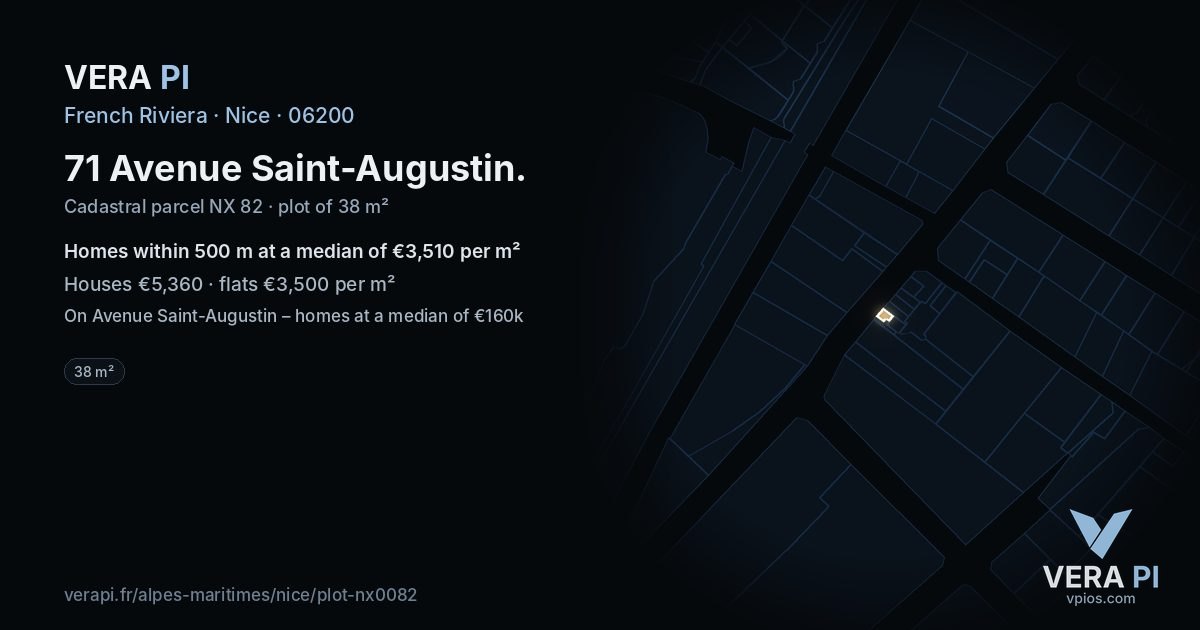 71 Avenue Saint-Augustin, Nice at night – the plot lit, the parcels around coloured by the prices near them