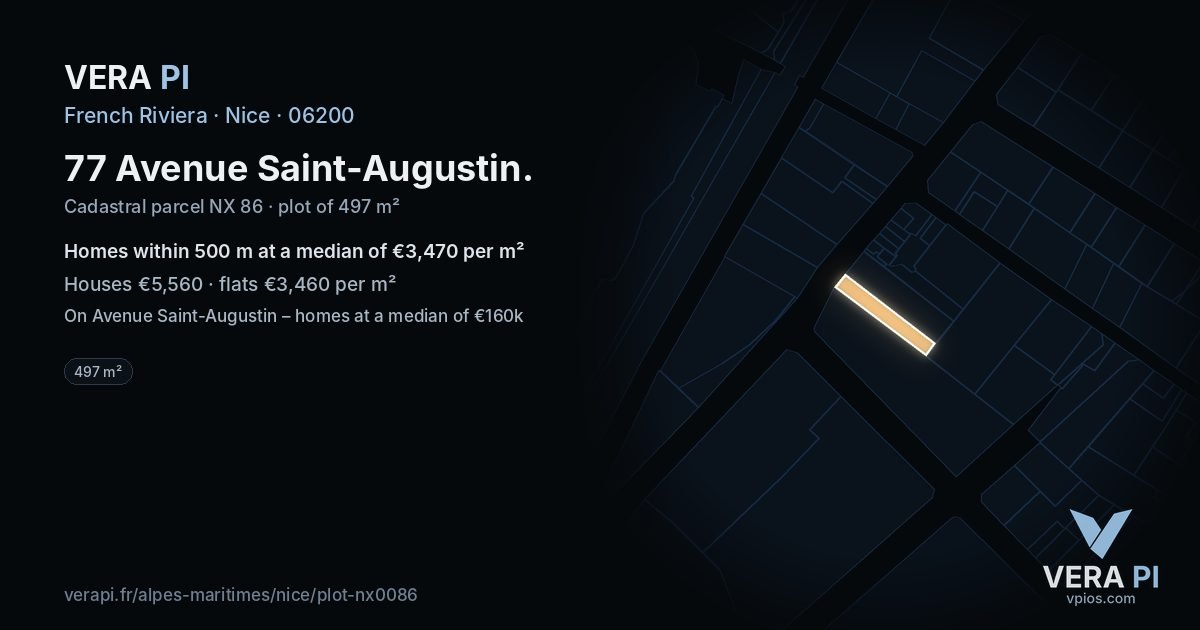 77 Avenue Saint-Augustin, Nice at night – the plot lit, the parcels around coloured by the prices near them