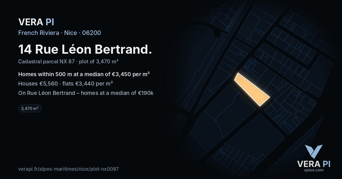 14 Rue Léon Bertrand, Nice at night – the plot lit, the parcels around coloured by the prices near them