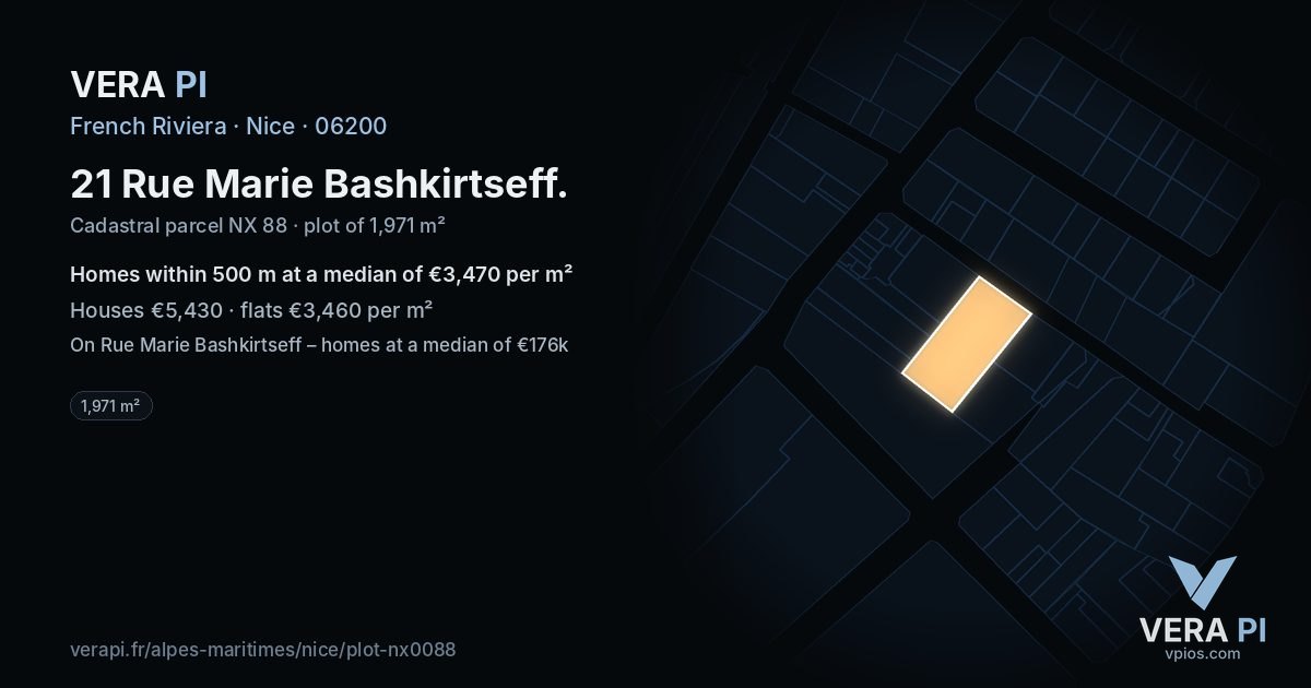 21 Rue Marie Bashkirtseff, Nice at night – the plot lit, the parcels around coloured by the prices near them