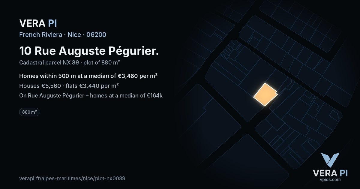 10 Rue Auguste Pégurier, Nice at night – the plot lit, the parcels around coloured by the prices near them