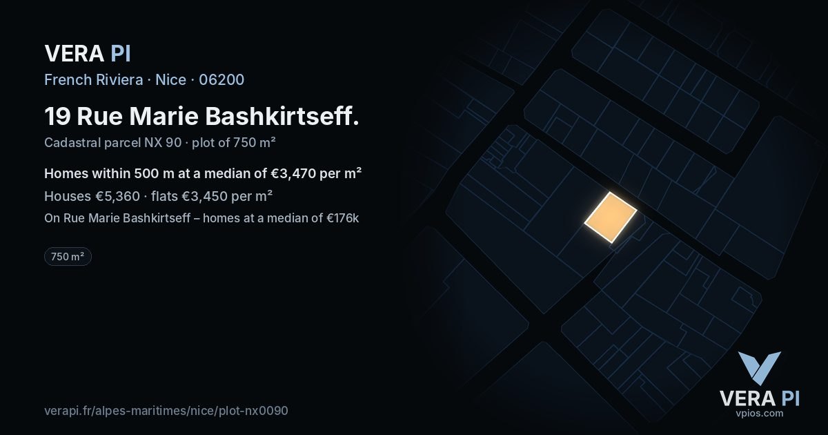 19 Rue Marie Bashkirtseff, Nice at night – the plot lit, the parcels around coloured by the prices near them