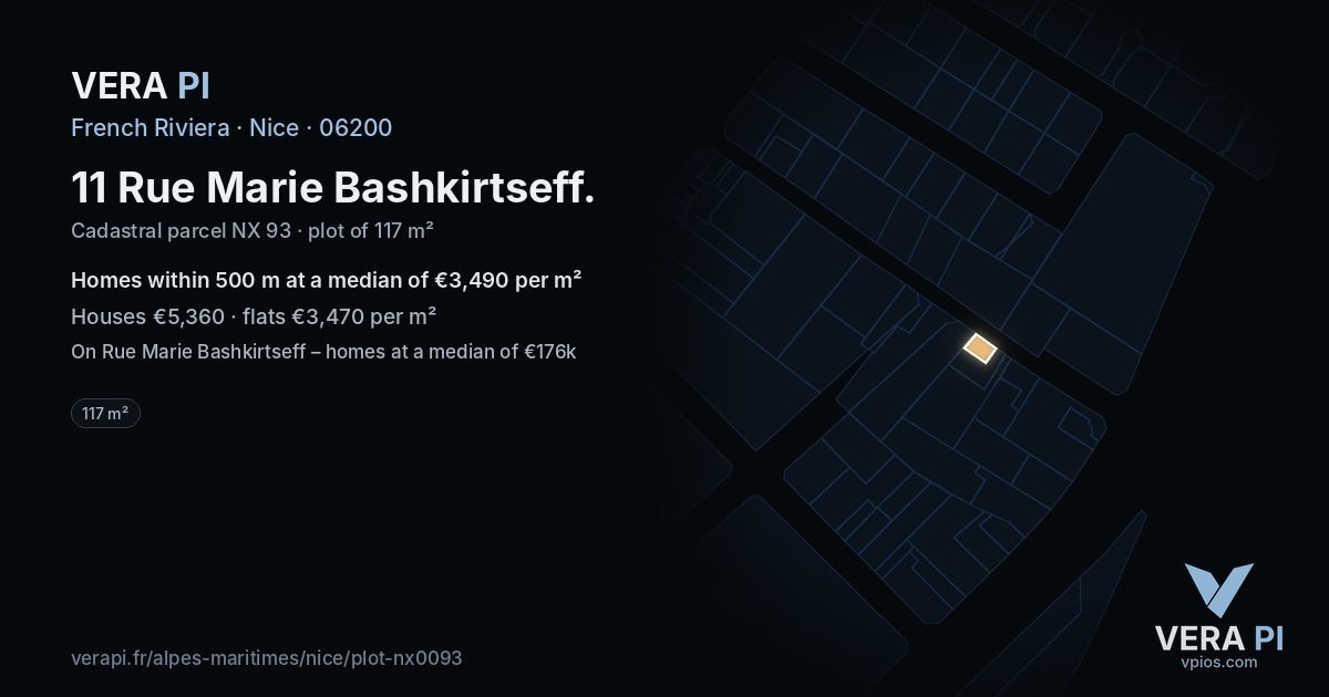 11 Rue Marie Bashkirtseff, Nice at night – the plot lit, the parcels around coloured by the prices near them