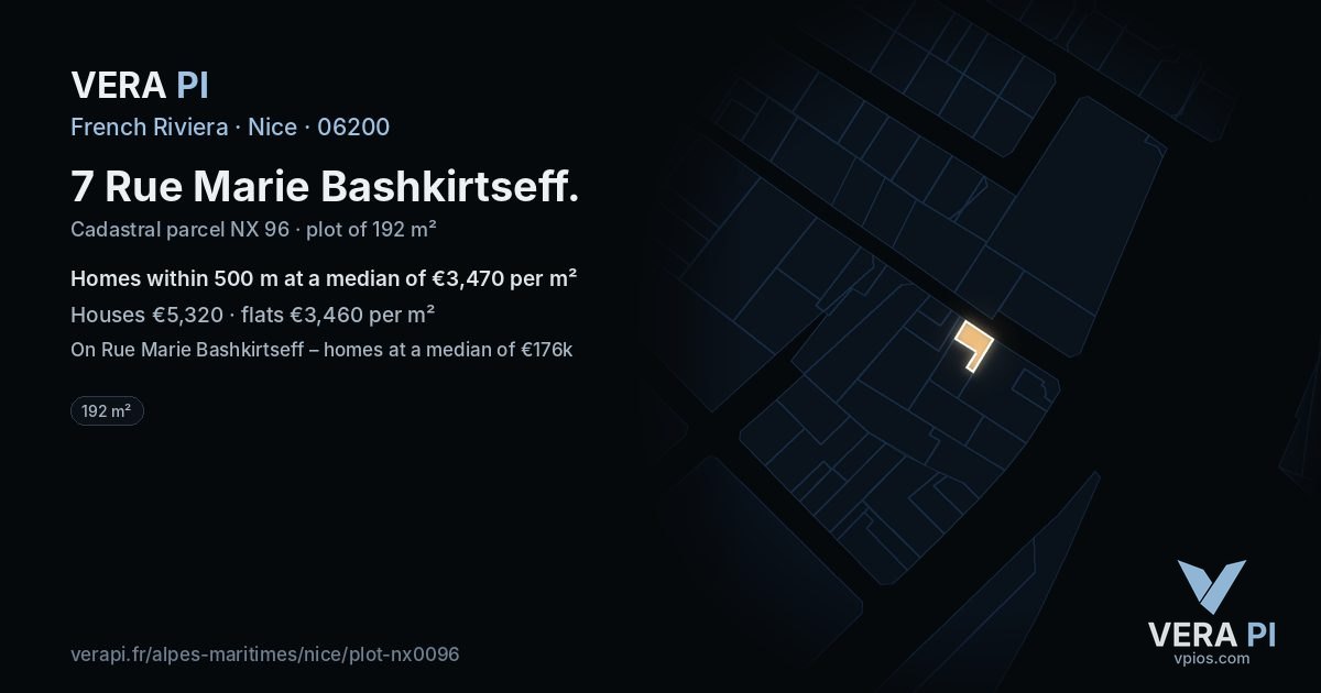 7 Rue Marie Bashkirtseff, Nice at night – the plot lit, the parcels around coloured by the prices near them