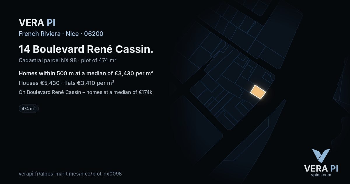 14 Boulevard René Cassin, Nice at night – the plot lit, the parcels around coloured by the prices near them