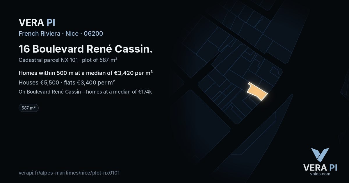 16 Boulevard René Cassin, Nice at night – the plot lit, the parcels around coloured by the prices near them