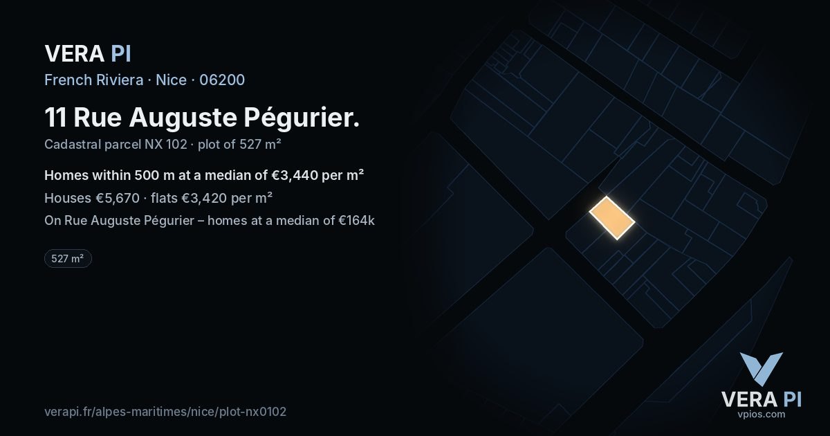 11 Rue Auguste Pégurier, Nice at night – the plot lit, the parcels around coloured by the prices near them