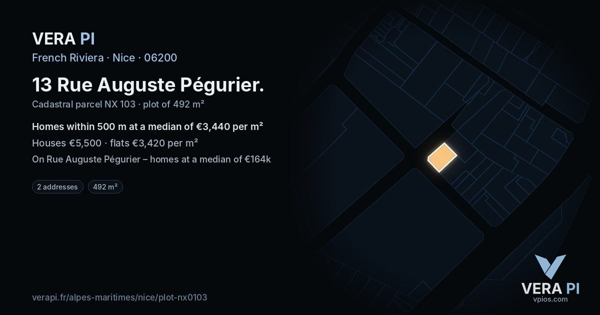 13 Rue Auguste Pégurier, Nice at night – the plot lit, the parcels around coloured by the prices near them