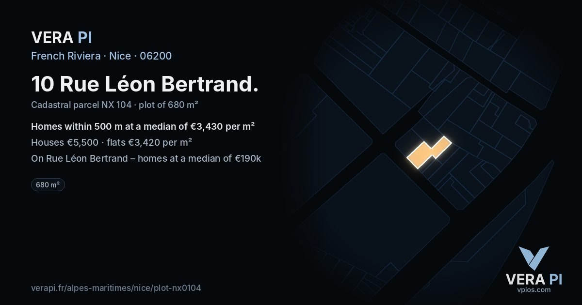10 Rue Léon Bertrand, Nice at night – the plot lit, the parcels around coloured by the prices near them