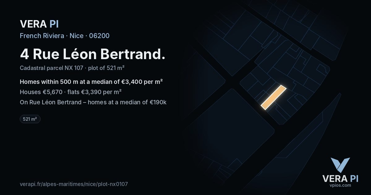 4 Rue Léon Bertrand, Nice at night – the plot lit, the parcels around coloured by the prices near them