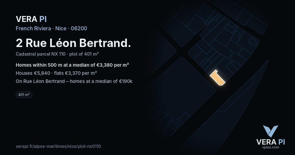 2 Rue Léon Bertrand, Nice at night – the plot lit, the parcels around coloured by the prices near them
