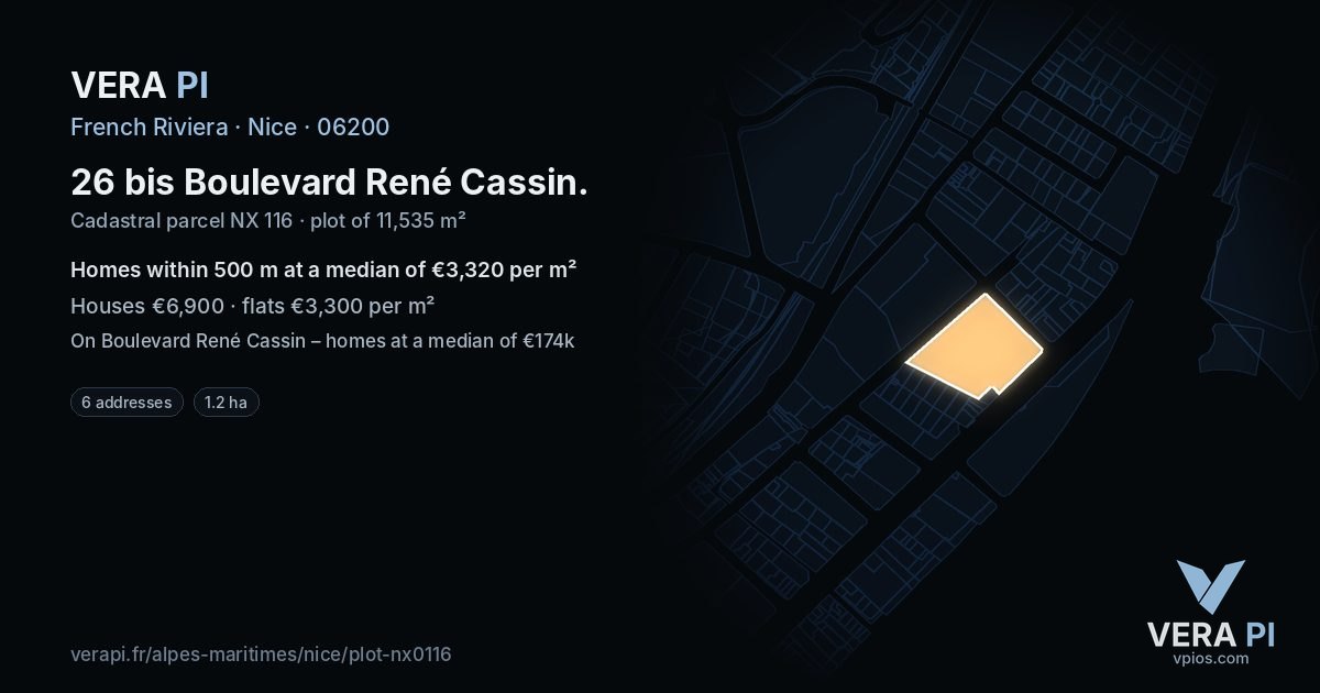 26 bis Boulevard René Cassin, Nice at night – the plot lit, the parcels around coloured by the prices near them