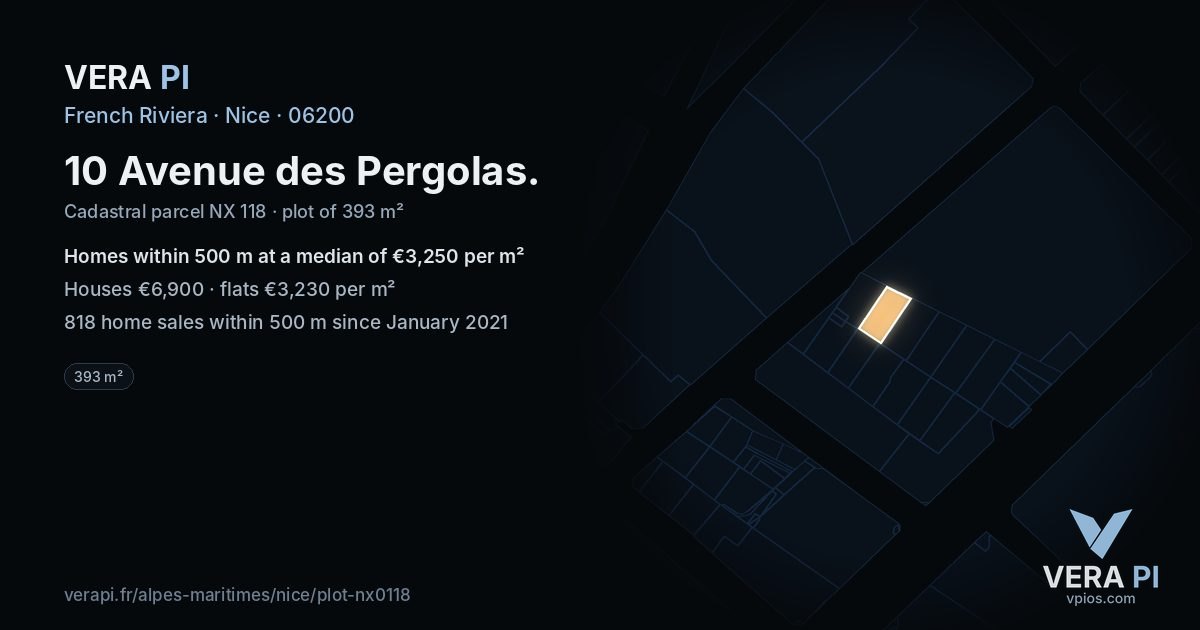 10 Avenue des Pergolas, Nice at night – the plot lit, the parcels around coloured by the prices near them