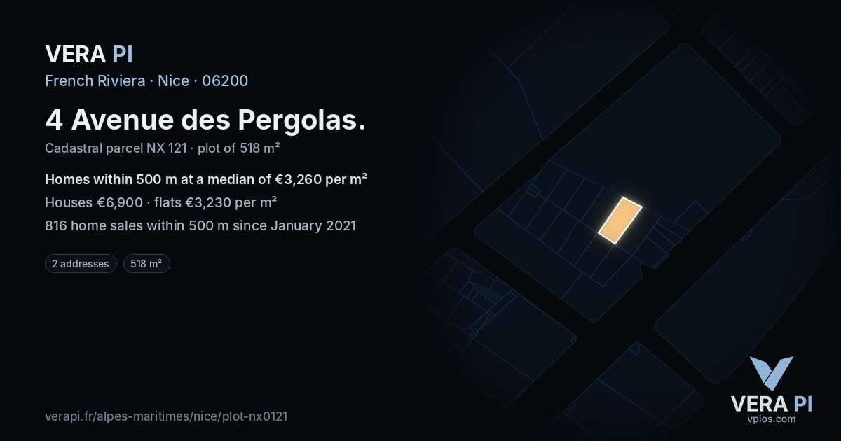 4 Avenue des Pergolas, Nice at night – the plot lit, the parcels around coloured by the prices near them