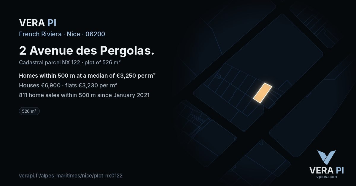 2 Avenue des Pergolas, Nice at night – the plot lit, the parcels around coloured by the prices near them