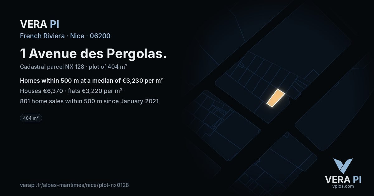 1 Avenue des Pergolas, Nice at night – the plot lit, the parcels around coloured by the prices near them