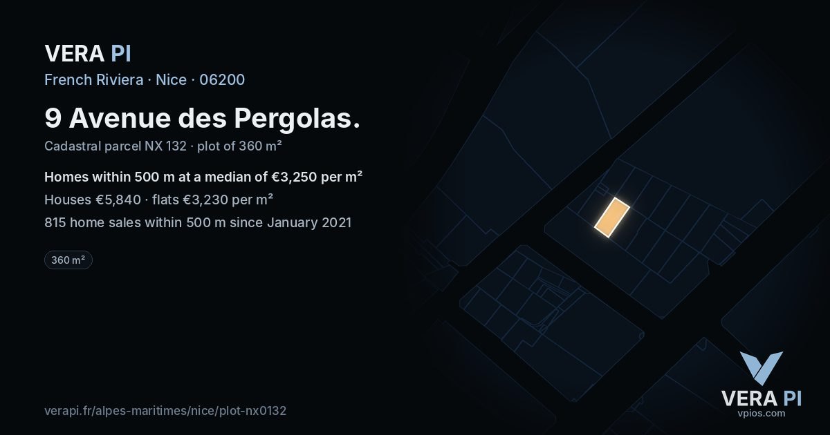 9 Avenue des Pergolas, Nice at night – the plot lit, the parcels around coloured by the prices near them