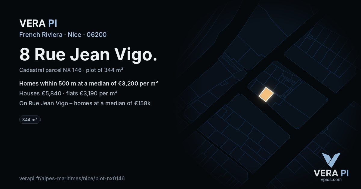 8 Rue Jean Vigo, Nice at night – the plot lit, the parcels around coloured by the prices near them