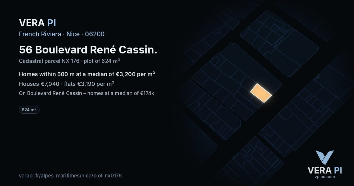 56 Boulevard René Cassin, Nice at night – the plot lit, the parcels around coloured by the prices near them