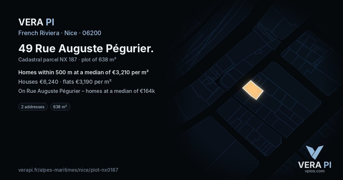 49 Rue Auguste Pégurier, Nice at night – the plot lit, the parcels around coloured by the prices near them
