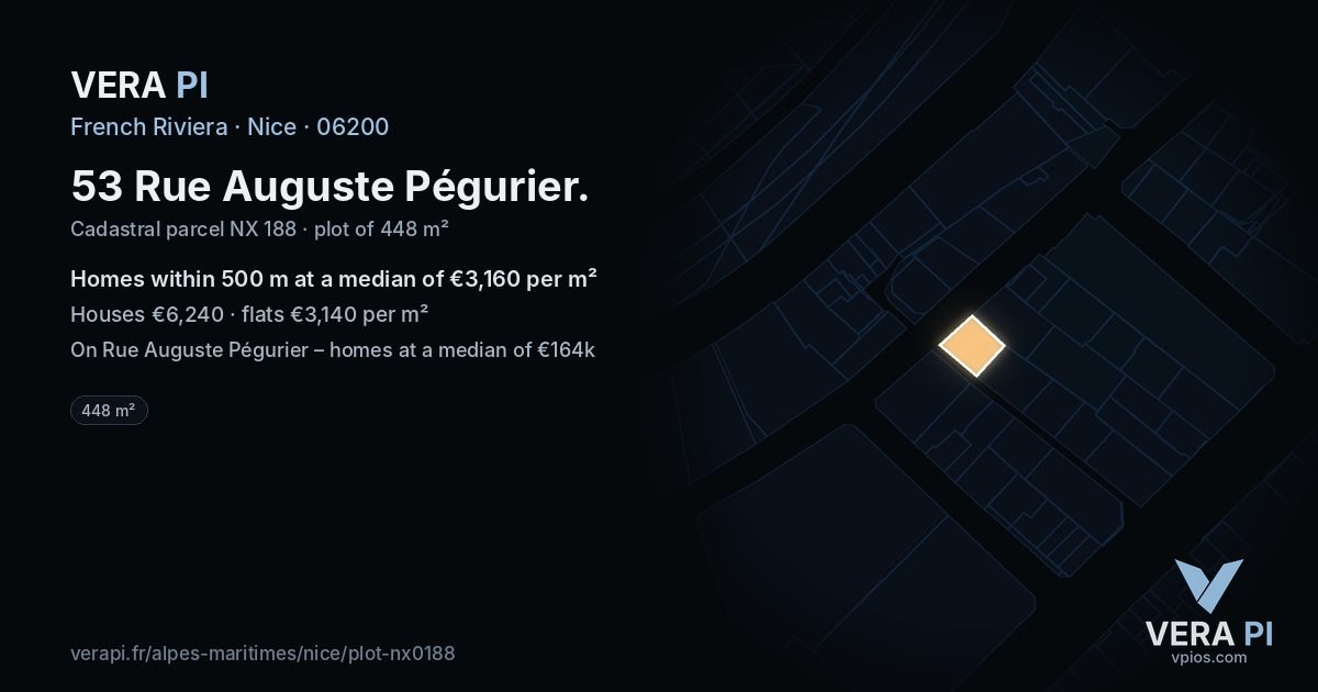 53 Rue Auguste Pégurier, Nice at night – the plot lit, the parcels around coloured by the prices near them