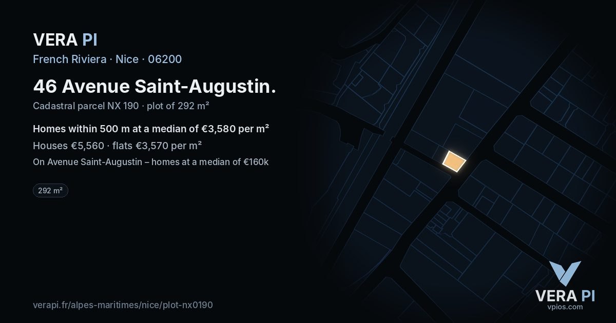 46 Avenue Saint-Augustin, Nice at night – the plot lit, the parcels around coloured by the prices near them