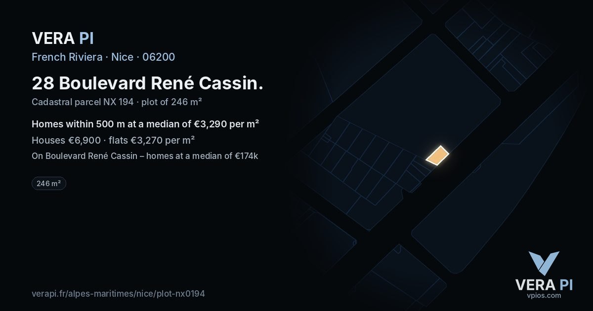 28 Boulevard René Cassin, Nice at night – the plot lit, the parcels around coloured by the prices near them