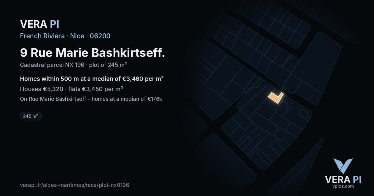9 Rue Marie Bashkirtseff, Nice at night – the plot lit, the parcels around coloured by the prices near them