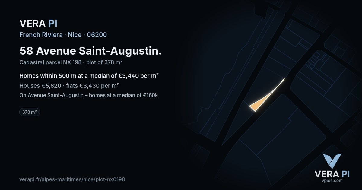 58 Avenue Saint-Augustin, Nice at night – the plot lit, the parcels around coloured by the prices near them