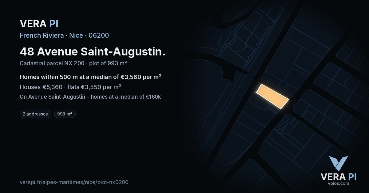 48 Avenue Saint-Augustin, Nice at night – the plot lit, the parcels around coloured by the prices near them