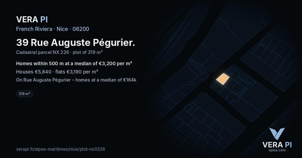 39 Rue Auguste Pégurier, Nice at night – the plot lit, the parcels around coloured by the prices near them