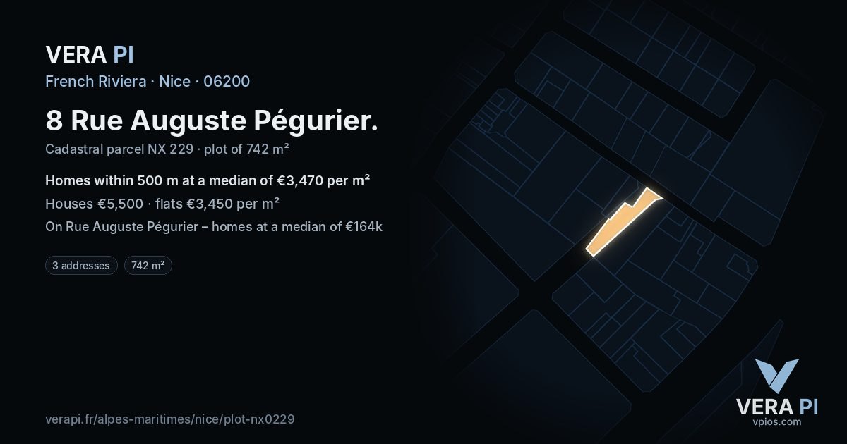 8 Rue Auguste Pégurier, Nice at night – the plot lit, the parcels around coloured by the prices near them