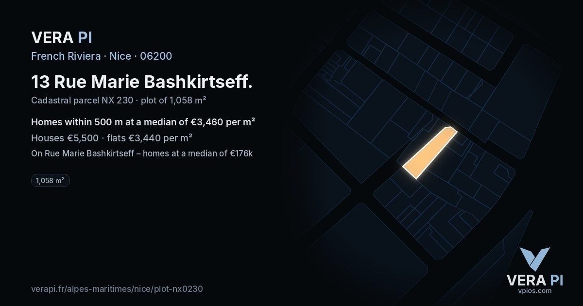 13 Rue Marie Bashkirtseff, Nice at night – the plot lit, the parcels around coloured by the prices near them