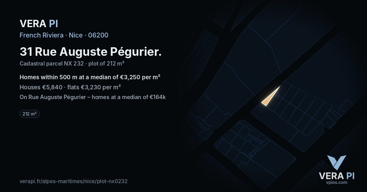 31 Rue Auguste Pégurier, Nice at night – the plot lit, the parcels around coloured by the prices near them