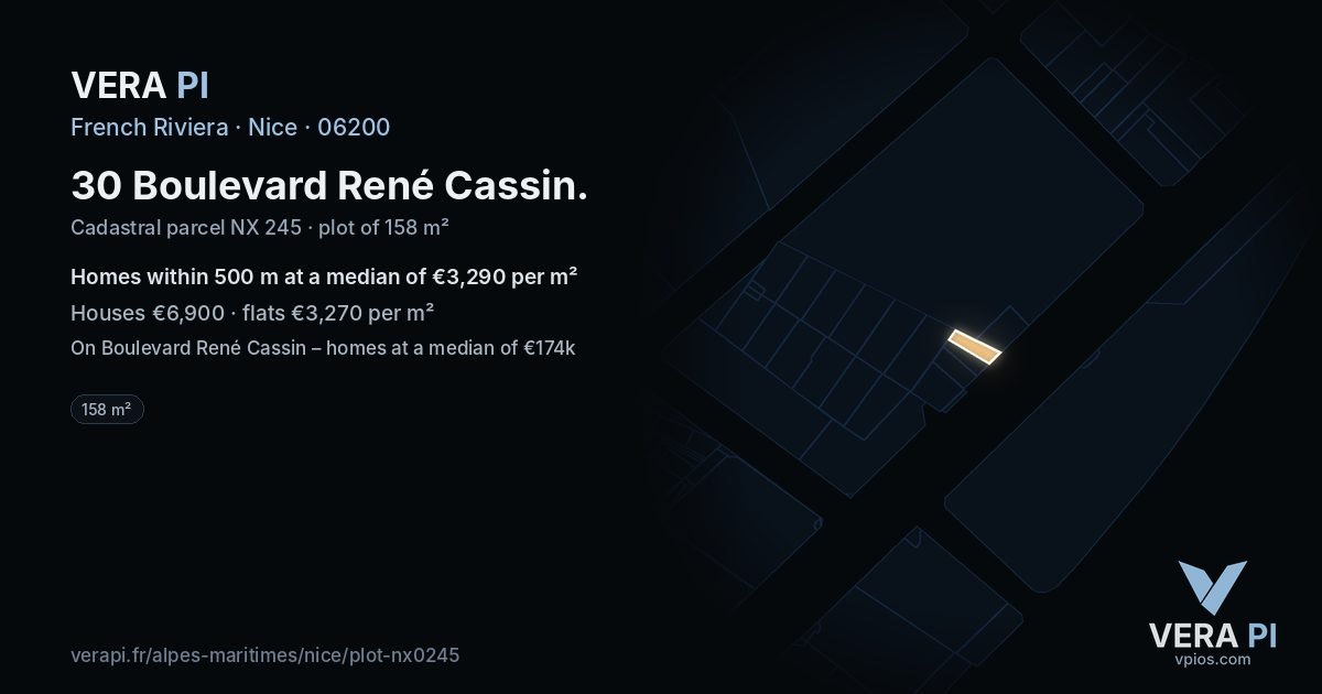 30 Boulevard René Cassin, Nice at night – the plot lit, the parcels around coloured by the prices near them