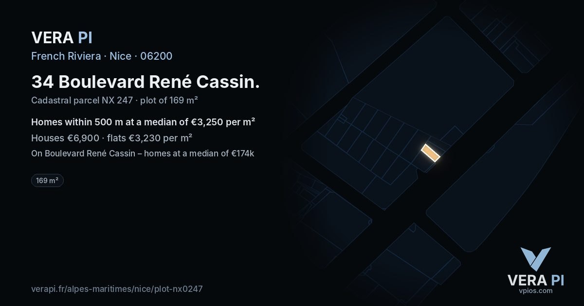 34 Boulevard René Cassin, Nice at night – the plot lit, the parcels around coloured by the prices near them