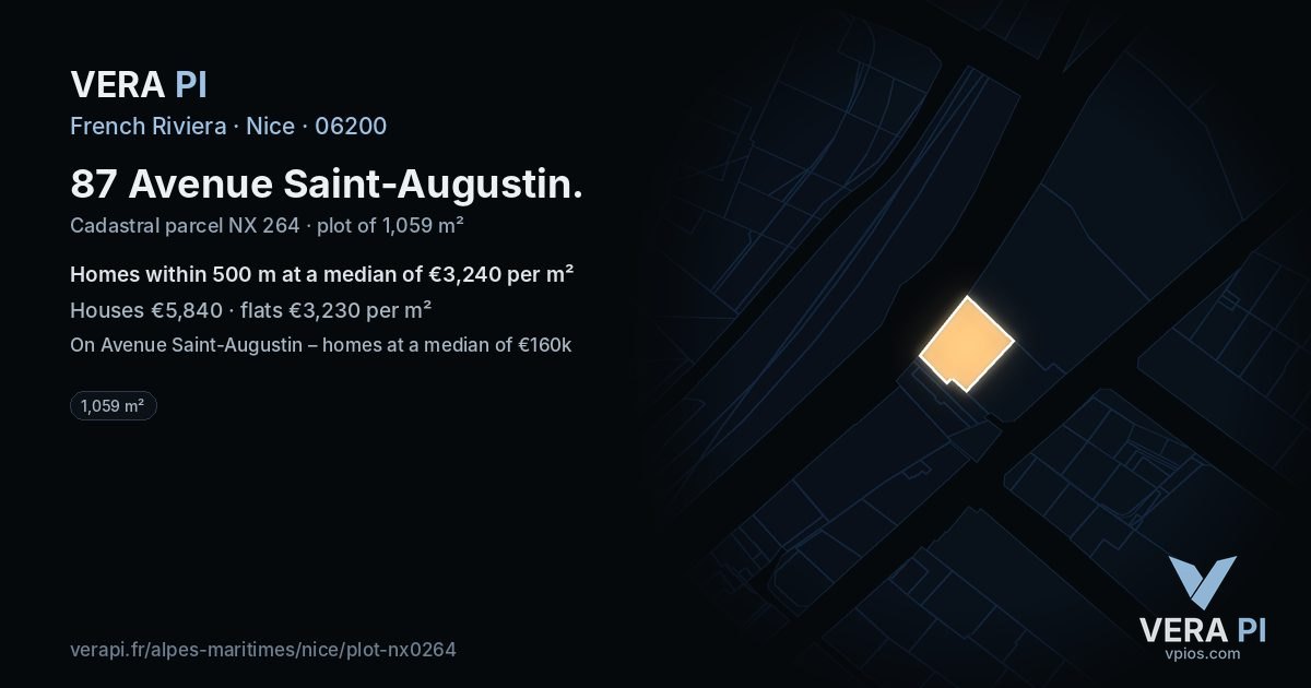 87 Avenue Saint-Augustin, Nice at night – the plot lit, the parcels around coloured by the prices near them