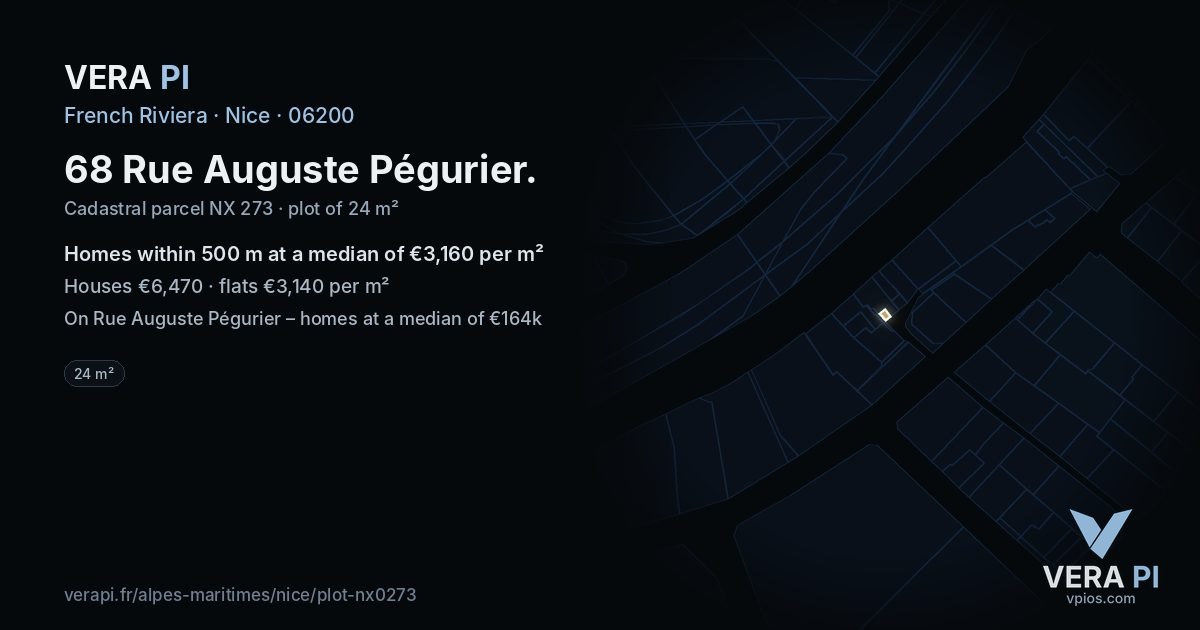 68 Rue Auguste Pégurier, Nice at night – the plot lit, the parcels around coloured by the prices near them