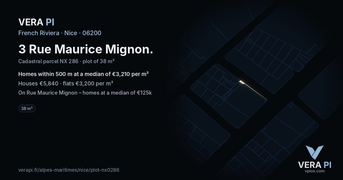 3 Rue Maurice Mignon, Nice at night – the plot lit, the parcels around coloured by the prices near them