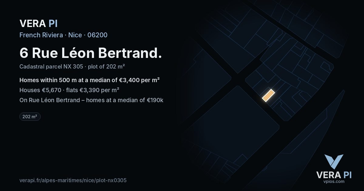 6 Rue Léon Bertrand, Nice at night – the plot lit, the parcels around coloured by the prices near them