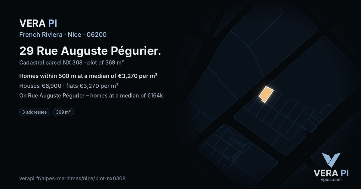 29 Rue Auguste Pégurier, Nice at night – the plot lit, the parcels around coloured by the prices near them