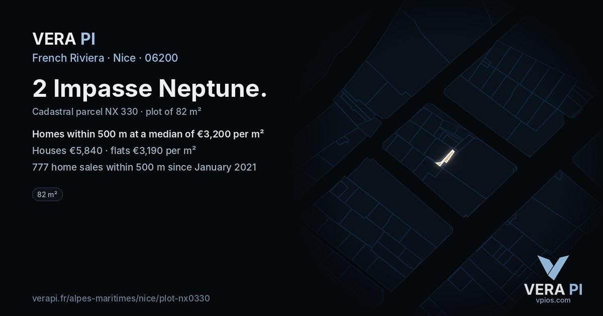2 Impasse Neptune, Nice at night – the plot lit, the parcels around coloured by the prices near them