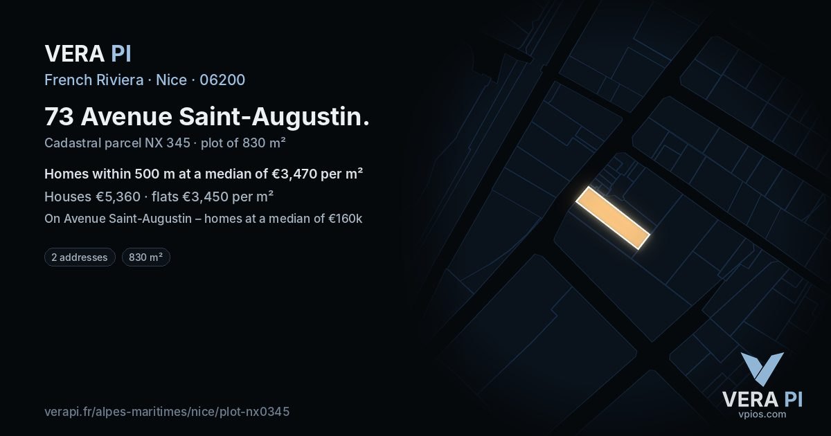 73 Avenue Saint-Augustin, Nice at night – the plot lit, the parcels around coloured by the prices near them