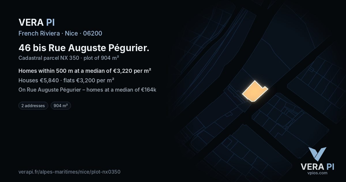 46 bis Rue Auguste Pégurier, Nice at night – the plot lit, the parcels around coloured by the prices near them