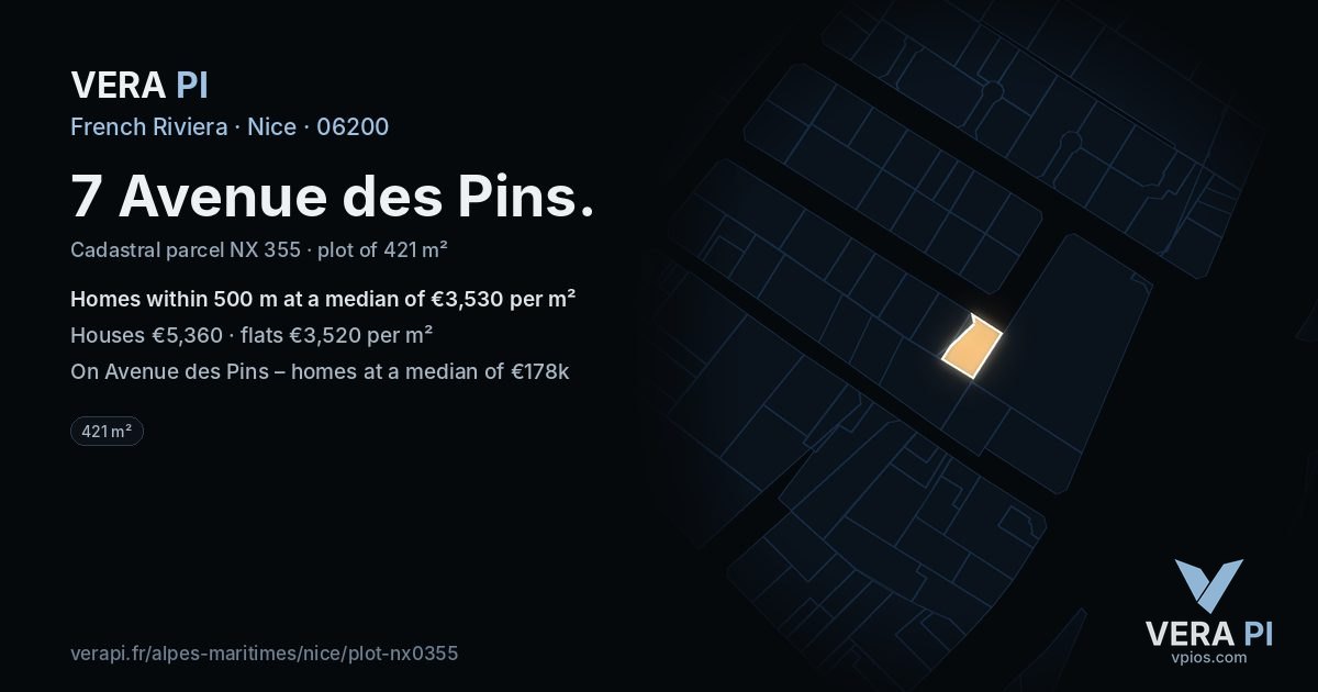 7 Avenue des Pins, Nice at night – the plot lit, the parcels around coloured by the prices near them