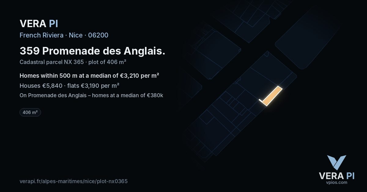 359 Promenade des Anglais, Nice at night – the plot lit, the parcels around coloured by the prices near them